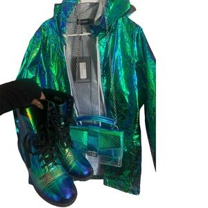 PRETTY LITTLE THINGS holographic jacket boots crossbody bag bundle teal